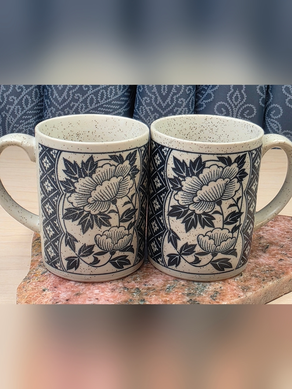 Blue Floral Speckled Stoneware Mugs - Set of 2 - 70s Style